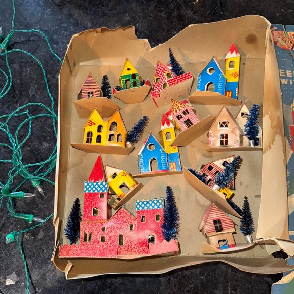 Antique Putz Sleepy Christmas Village 12 House Set Lights do not work Japan Read - Picture 1 of 10